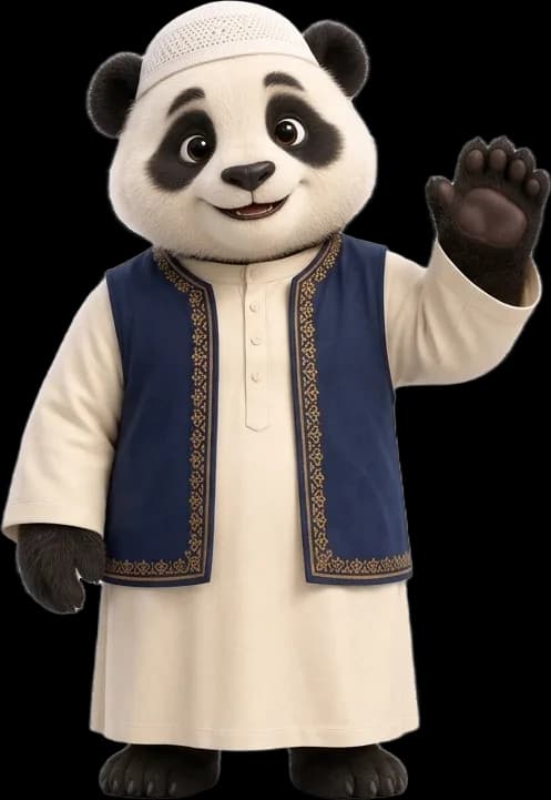 SunnahPanda, a friendly panda in a cream thobe, navy waistcoat and kufi, waving hello