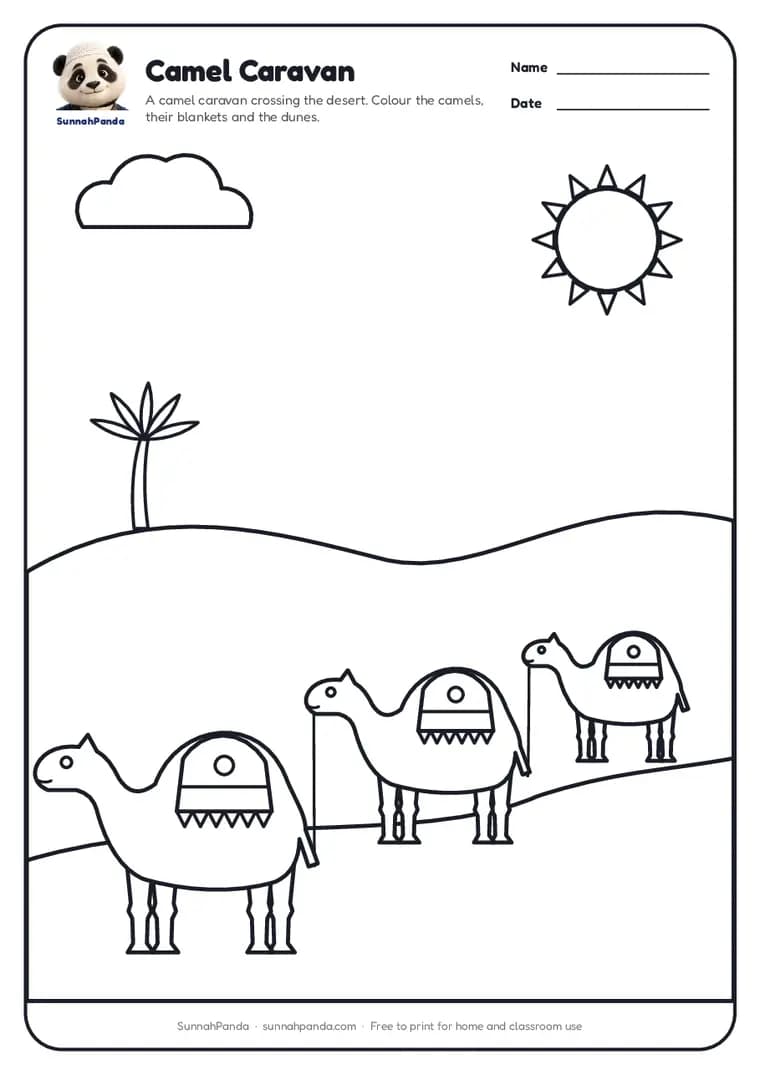 Page one of the Camel Caravan Colouring Page worksheet