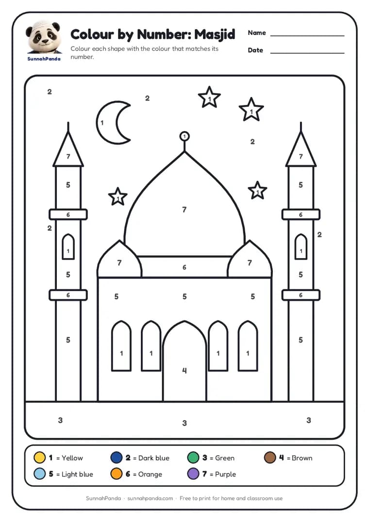 Page one of the Colour by Number: Masjid worksheet