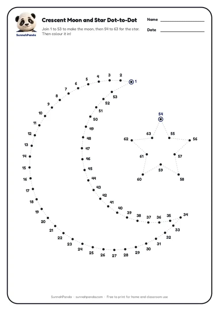 Page one of the Crescent Moon and Star Dot-to-Dot worksheet