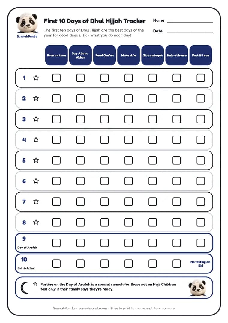 Preview of the First 10 Days of Dhul Hijjah Tracker worksheet