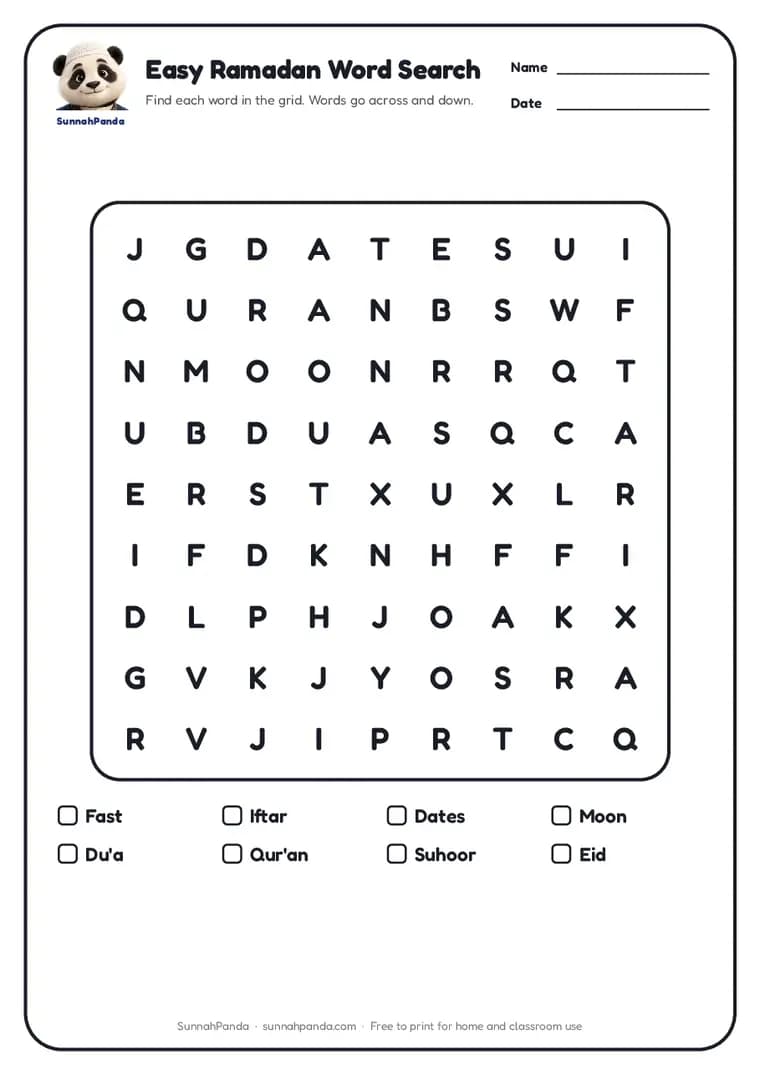 Preview of the Easy Ramadan Word Search worksheet
