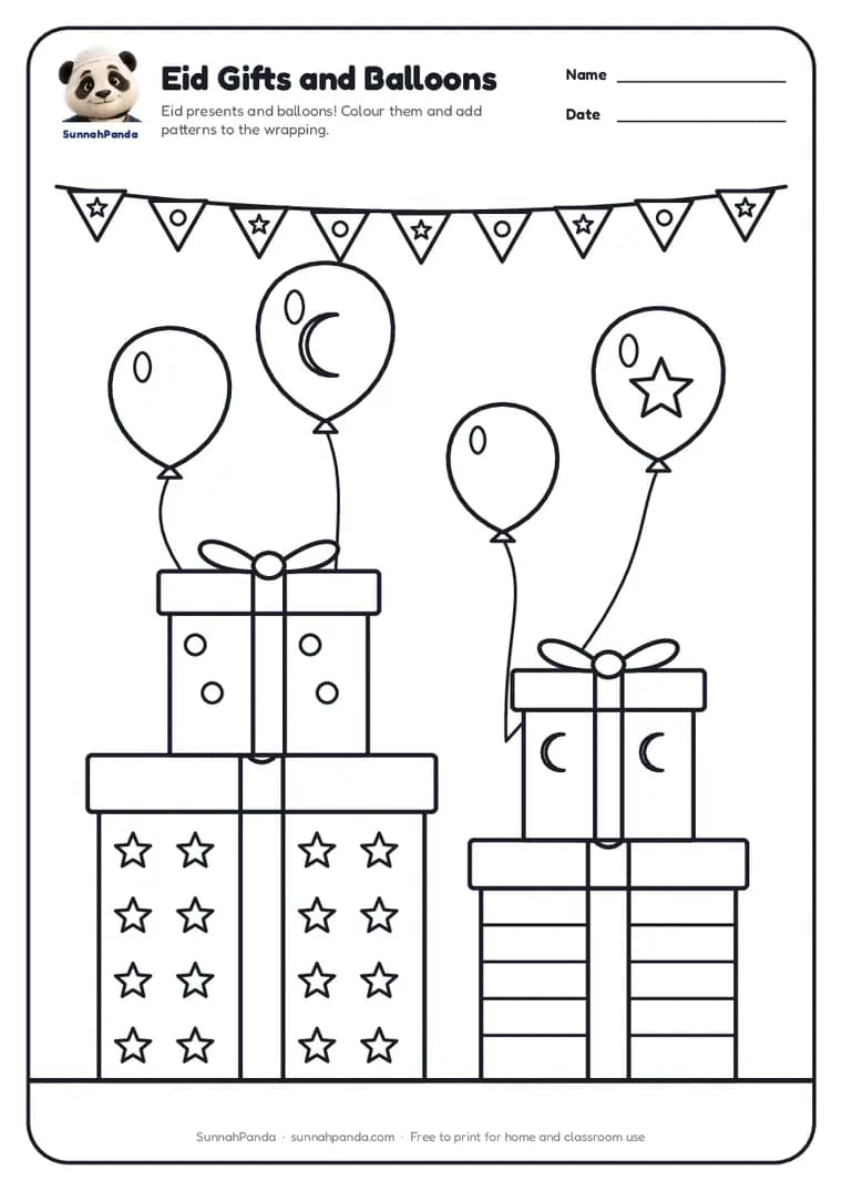 Page one of the Eid Gifts and Balloons Colouring Page worksheet