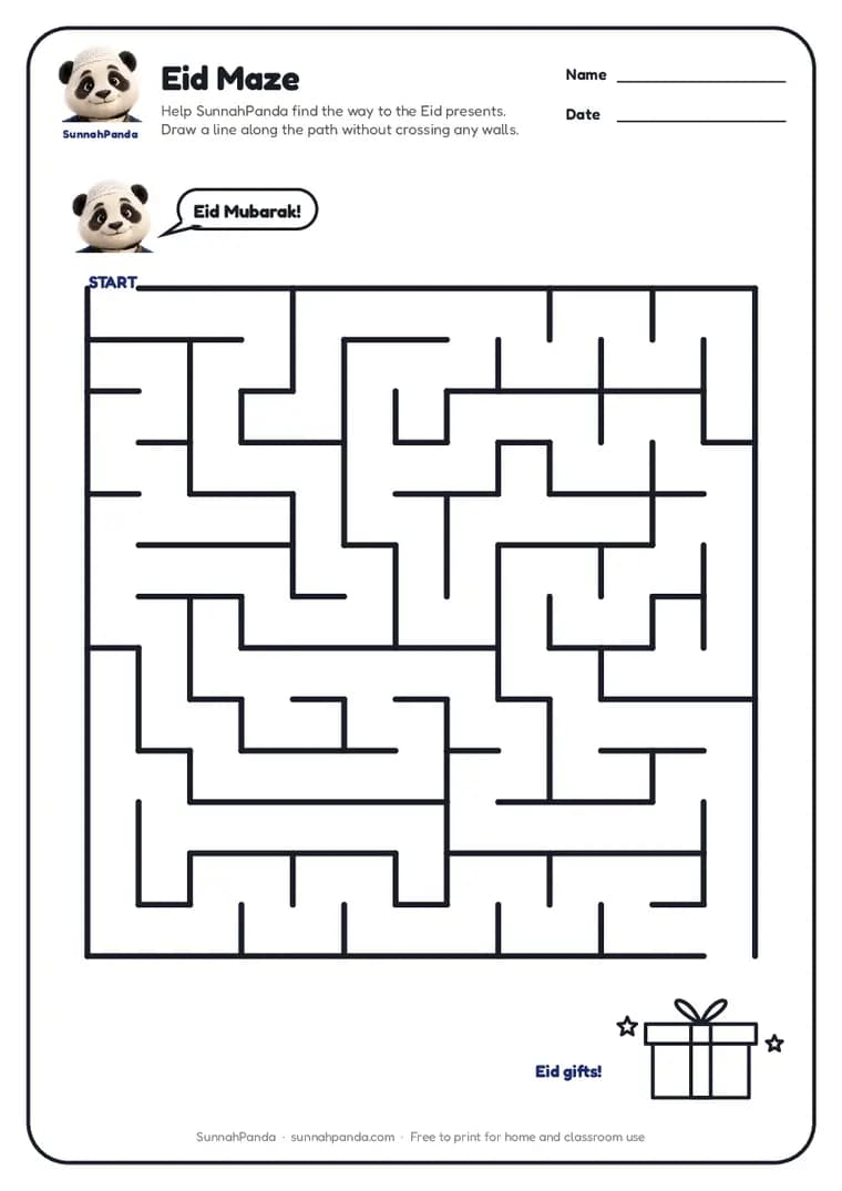 Page one of the Eid Maze worksheet
