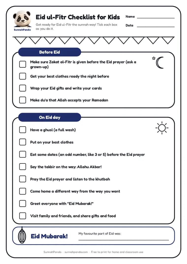 Page one of the Eid ul-Fitr Checklist for Kids worksheet
