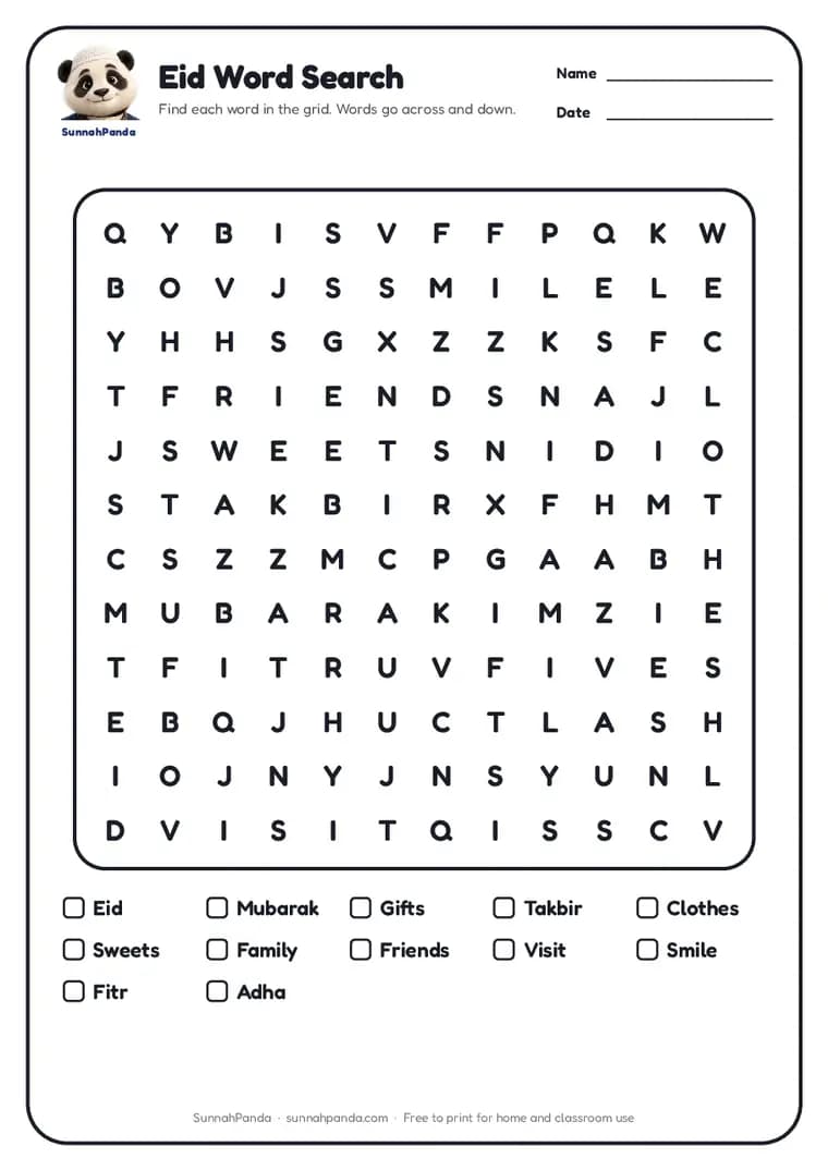 Page one of the Eid Word Search worksheet