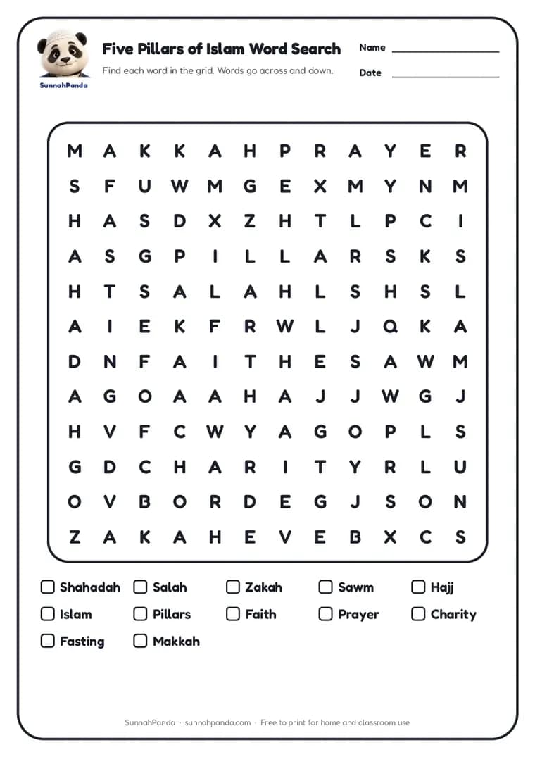 Page one of the Five Pillars of Islam Word Search worksheet