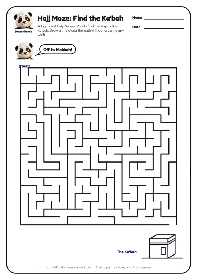 Page one of the Hajj Maze: Find the Ka'bah worksheet