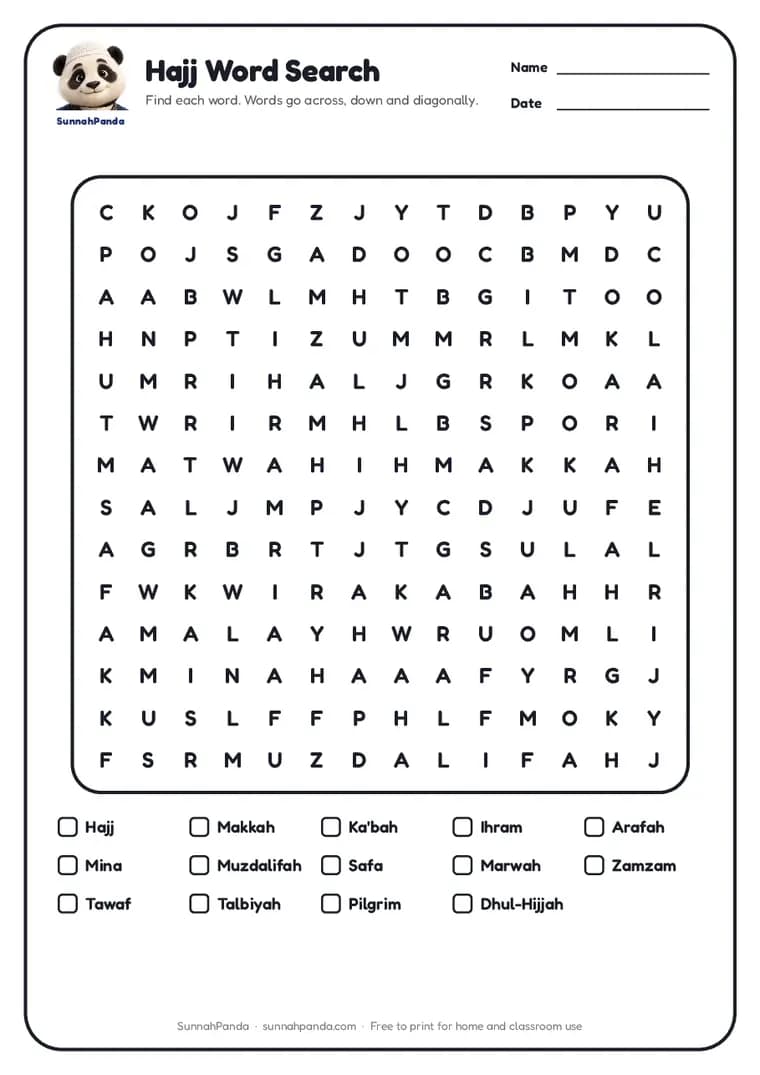 Page one of the Hajj Word Search worksheet