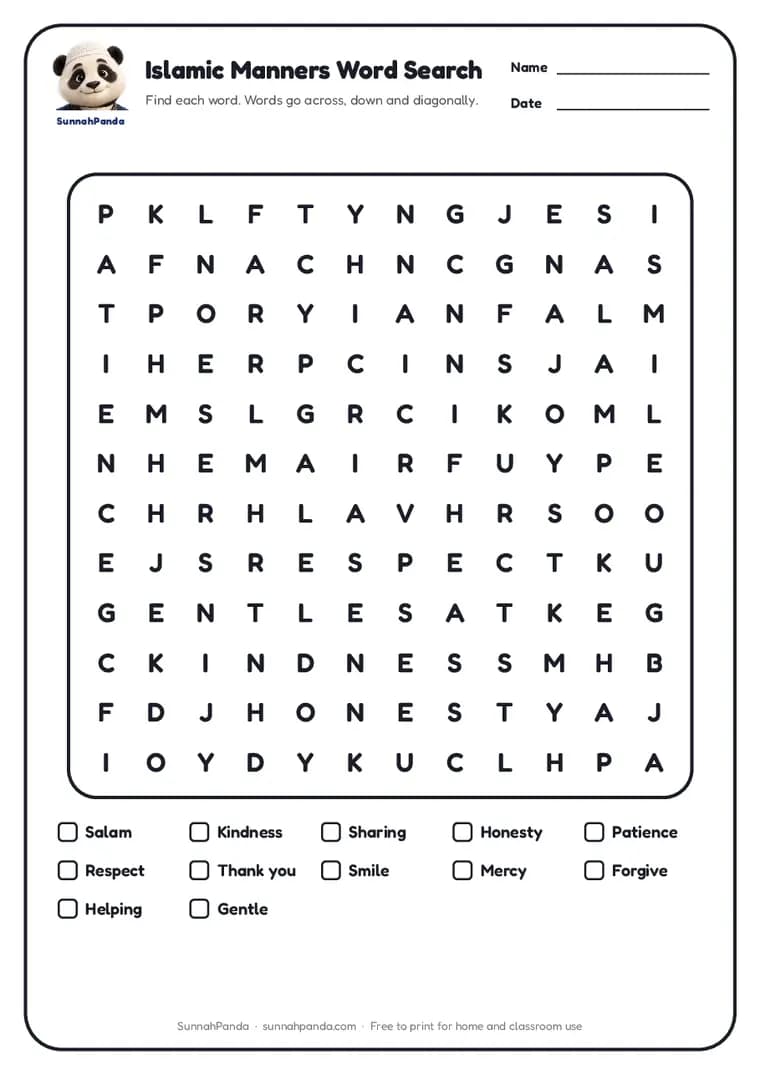 Page one of the Islamic Manners Word Search worksheet