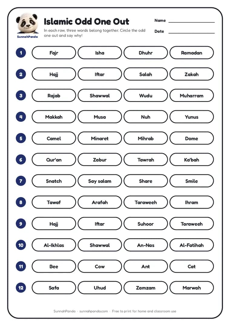 Page one of the Islamic Odd One Out worksheet