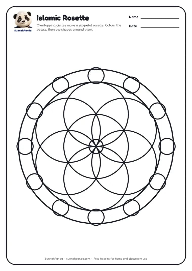 Page one of the Islamic Rosette Colouring Page worksheet