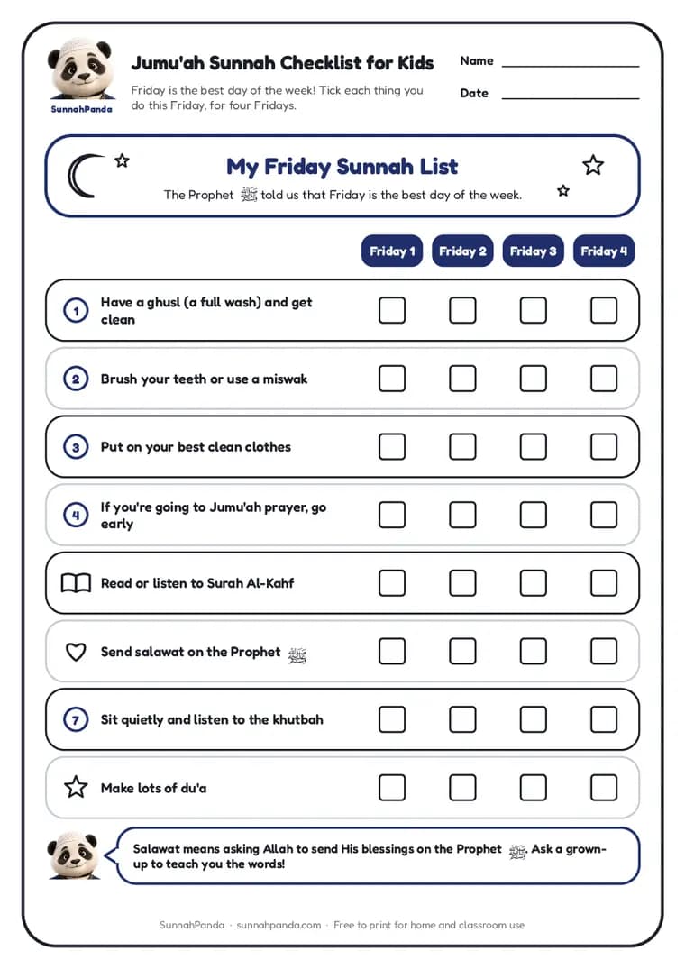 Preview of the Jumu'ah Sunnah Checklist for Kids