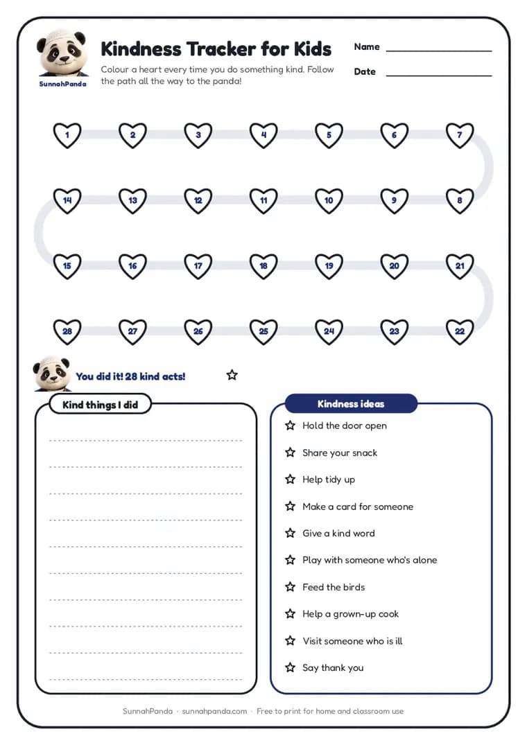 Page one of the Kindness Tracker for Kids worksheet