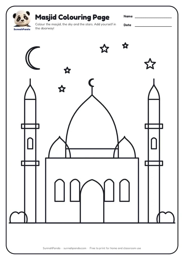Page one of the Masjid Colouring Page worksheet