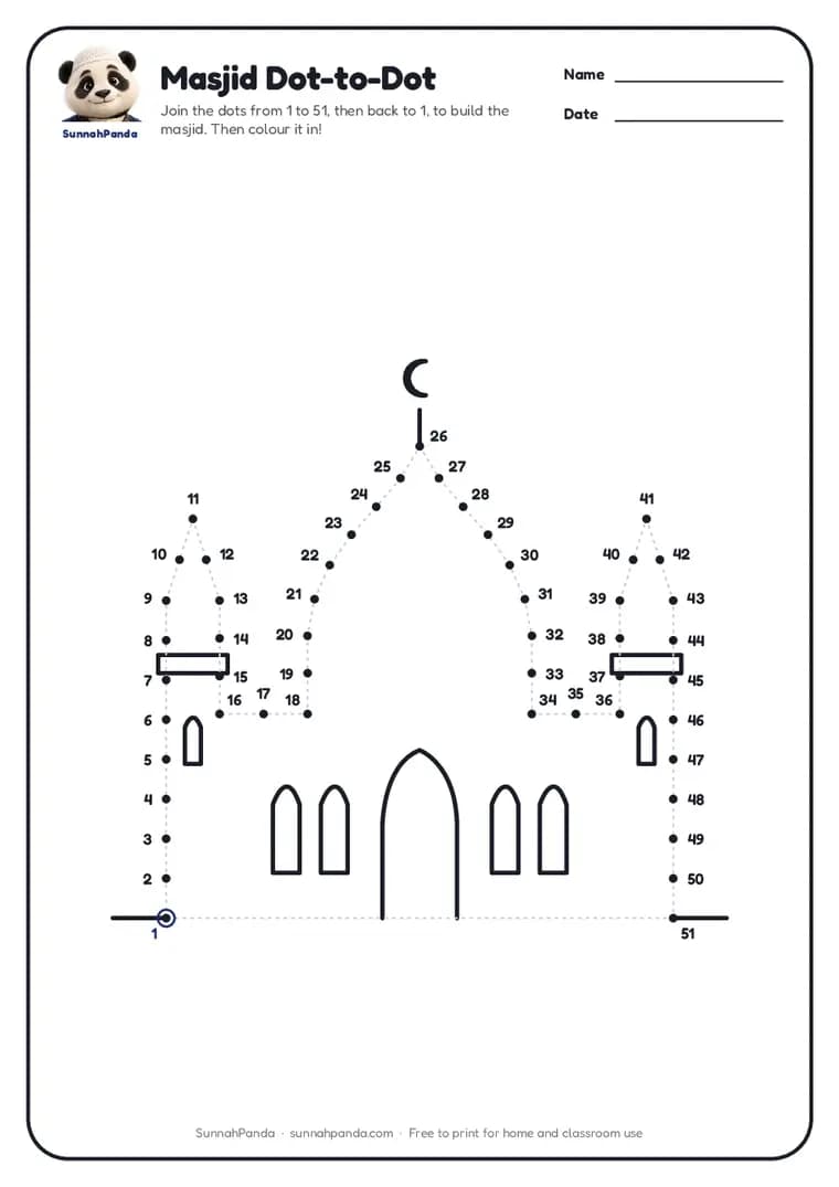 Page one of the Masjid Dot-to-Dot worksheet