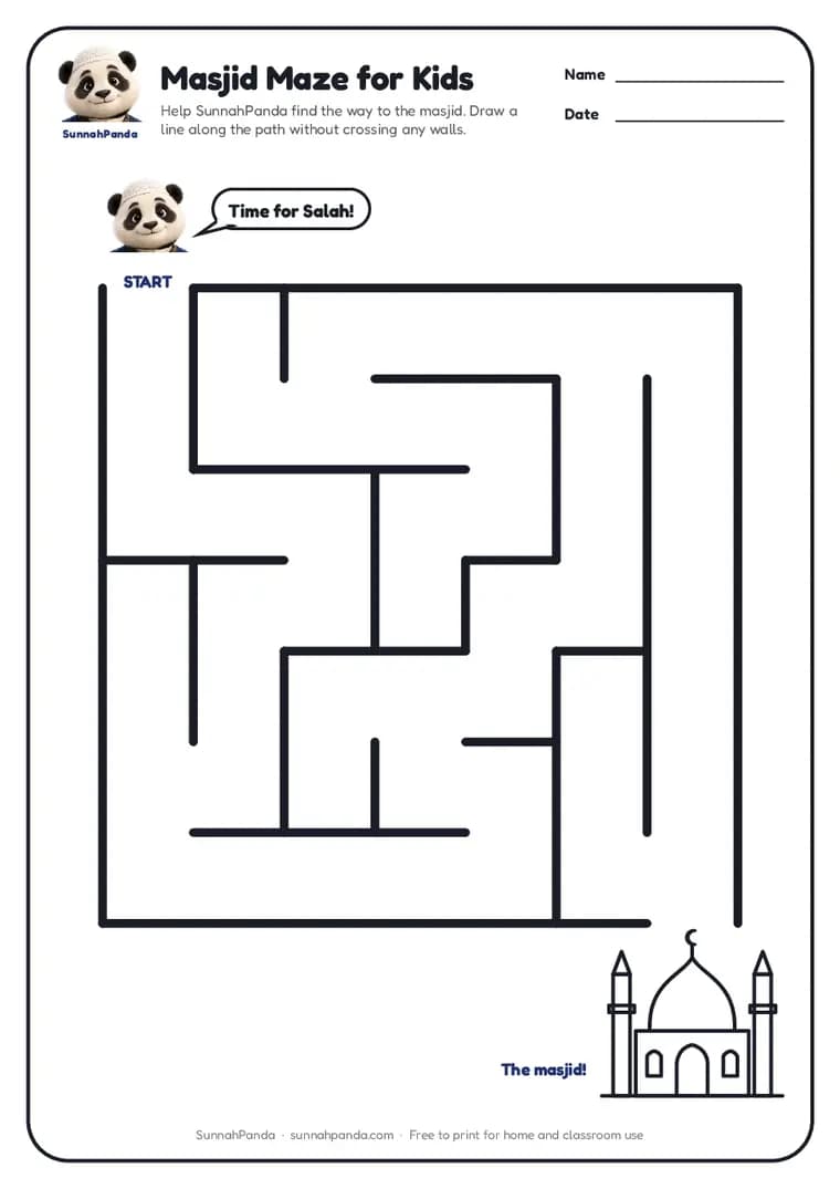 Page one of the Masjid Maze for Kids worksheet