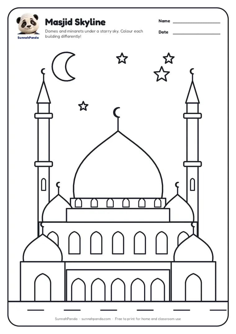 Page one of the Masjid Skyline Colouring Page worksheet