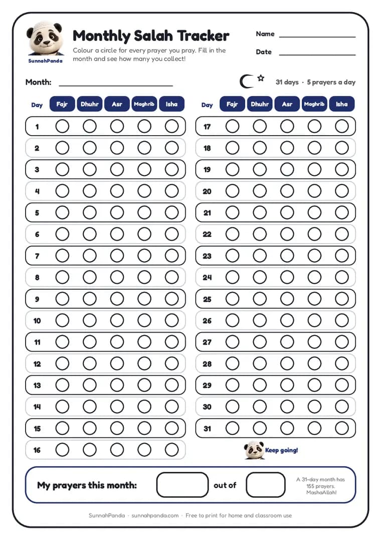 Preview of the Monthly Salah Tracker worksheet