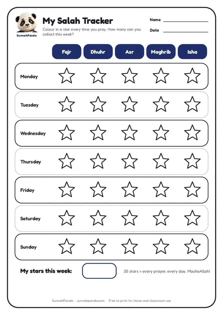 Page one of the My Salah Tracker worksheet
