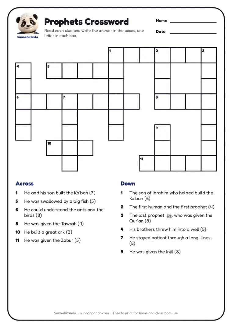 Page one of the Prophets Crossword worksheet