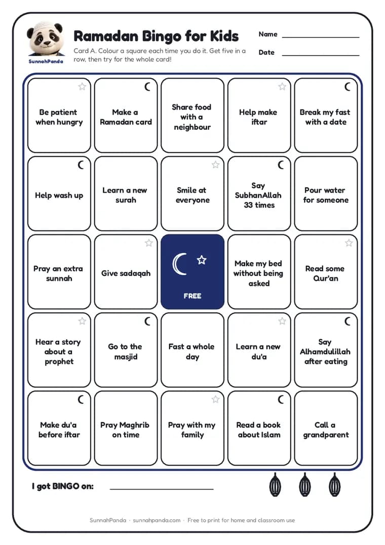 Page one of the Ramadan Bingo for Kids worksheet