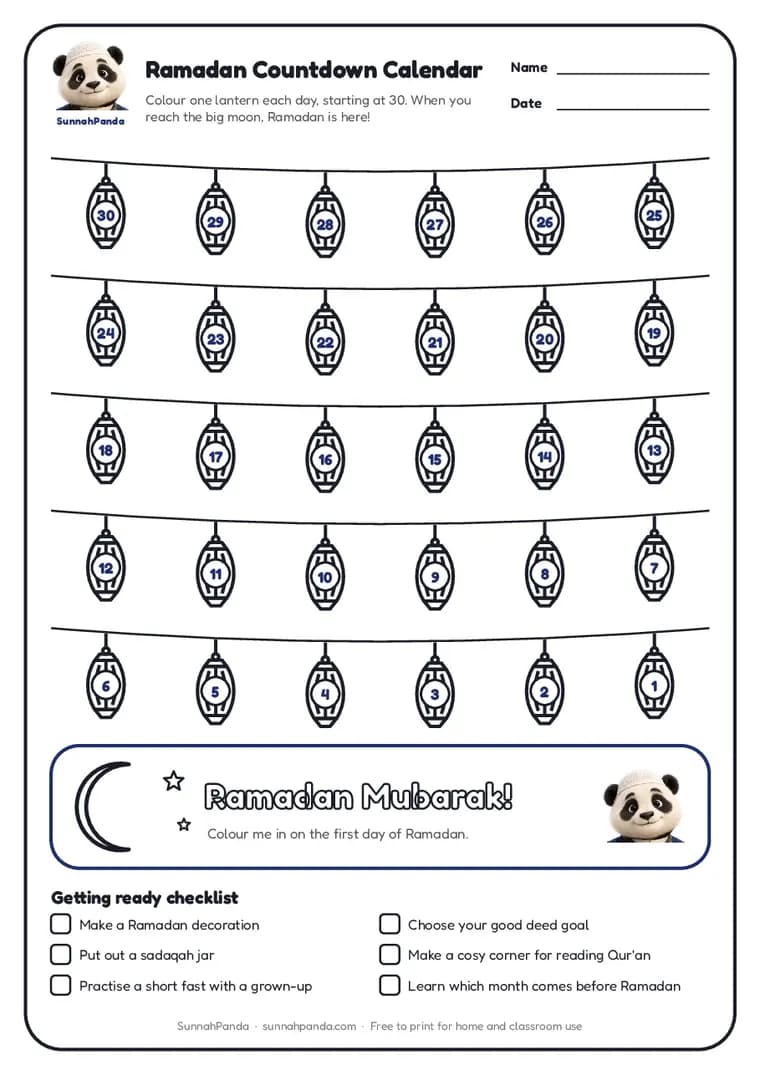Page one of the Ramadan Countdown Calendar worksheet