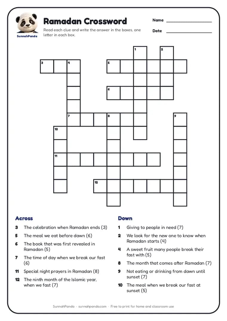 Page one of the Ramadan Crossword worksheet