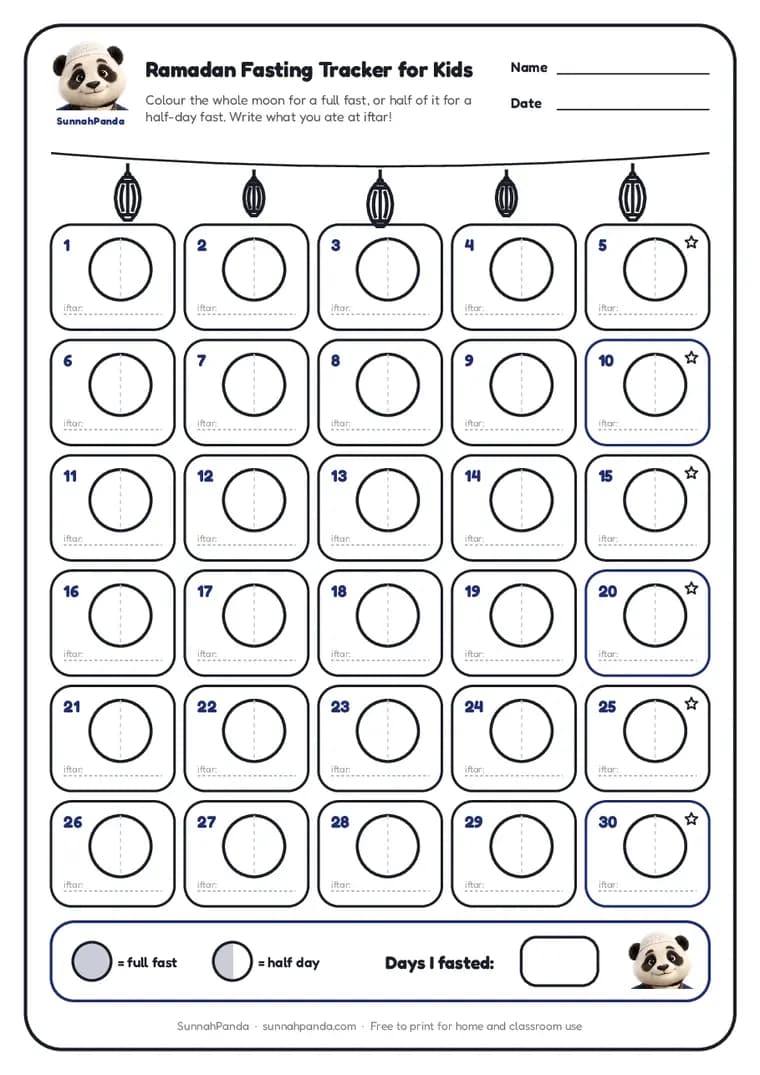 Page one of the Ramadan Fasting Tracker for Kids worksheet