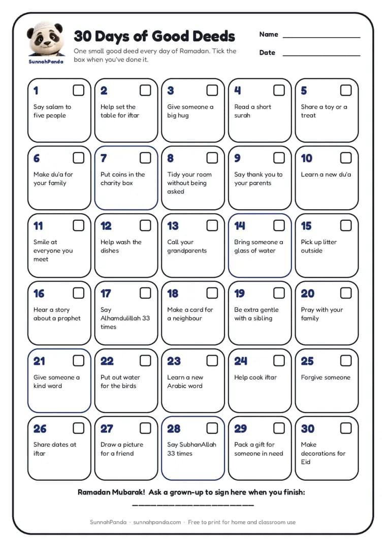 Page one of the 30 Days of Good Deeds worksheet