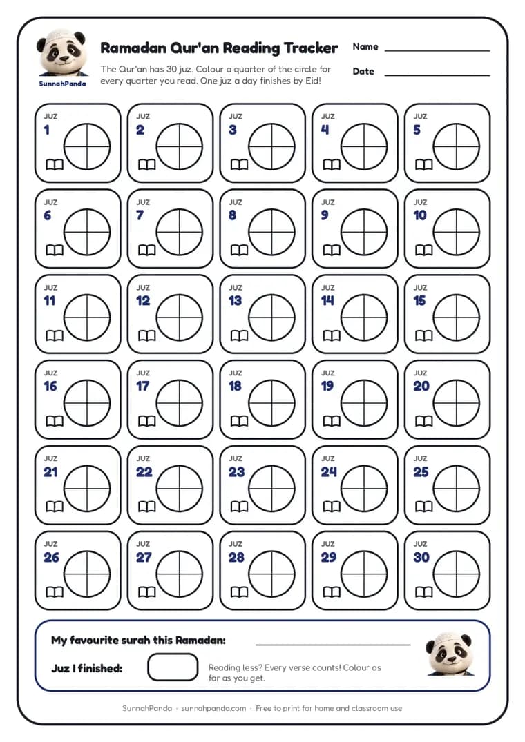 Page one of the Ramadan Qur'an Reading Tracker worksheet