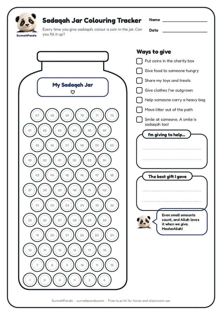 Page one of the Sadaqah Jar Colouring Tracker worksheet