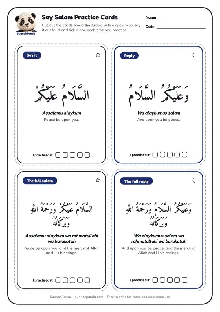 Page one of the Say Salam Practice Cards worksheet