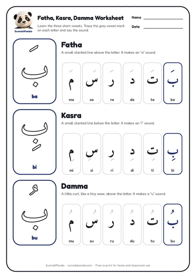 Page one of the Fatha, Kasra, Damma Worksheet worksheet