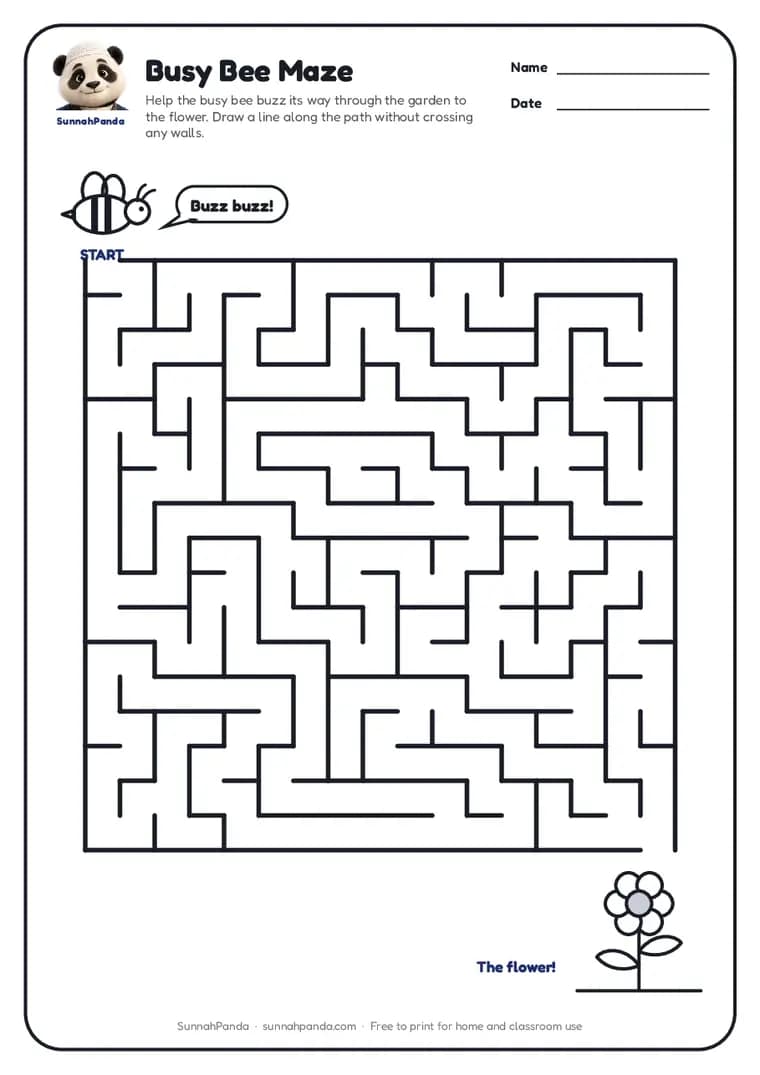Page one of the Busy Bee Maze worksheet