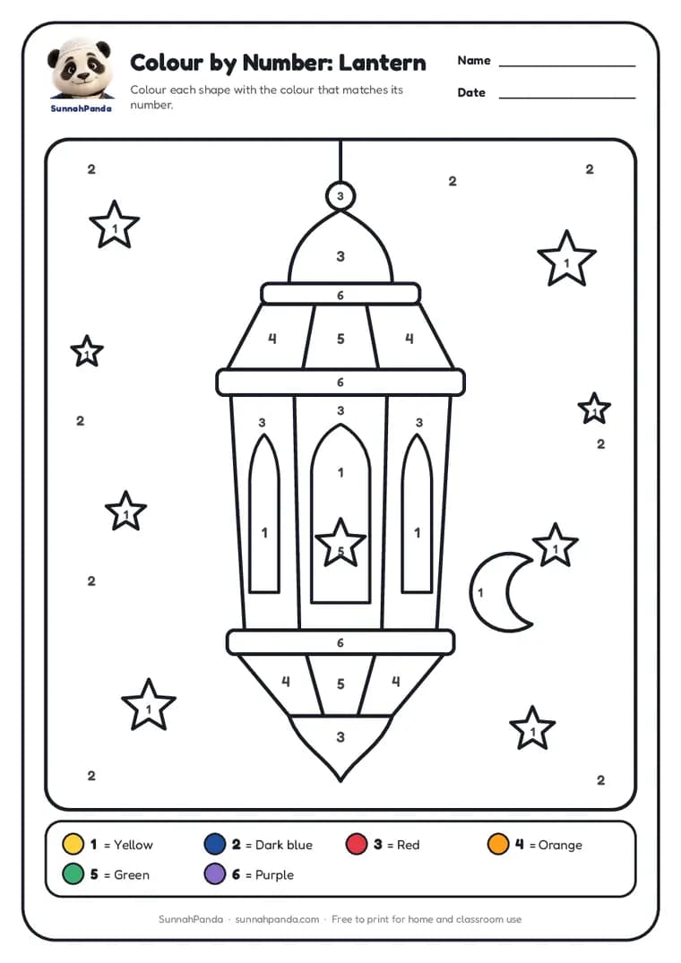 Page one of the Colour by Number: Ramadan Lantern worksheet
