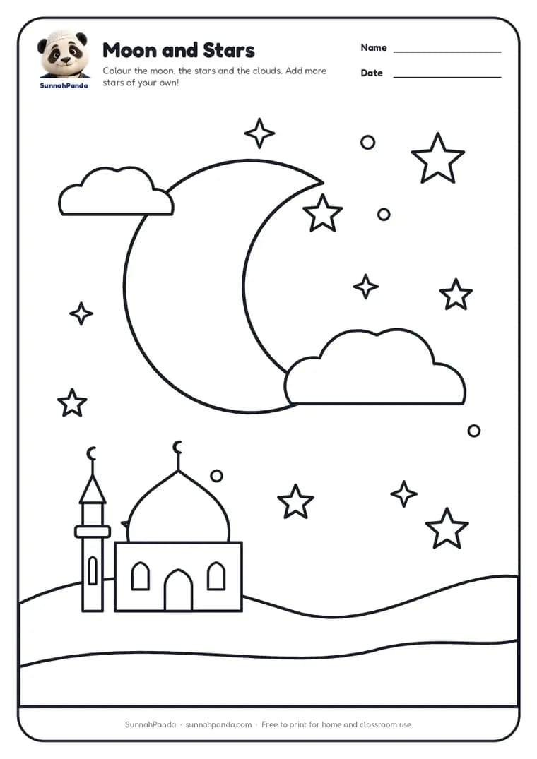 Page one of the Crescent Moon and Stars Colouring Page worksheet
