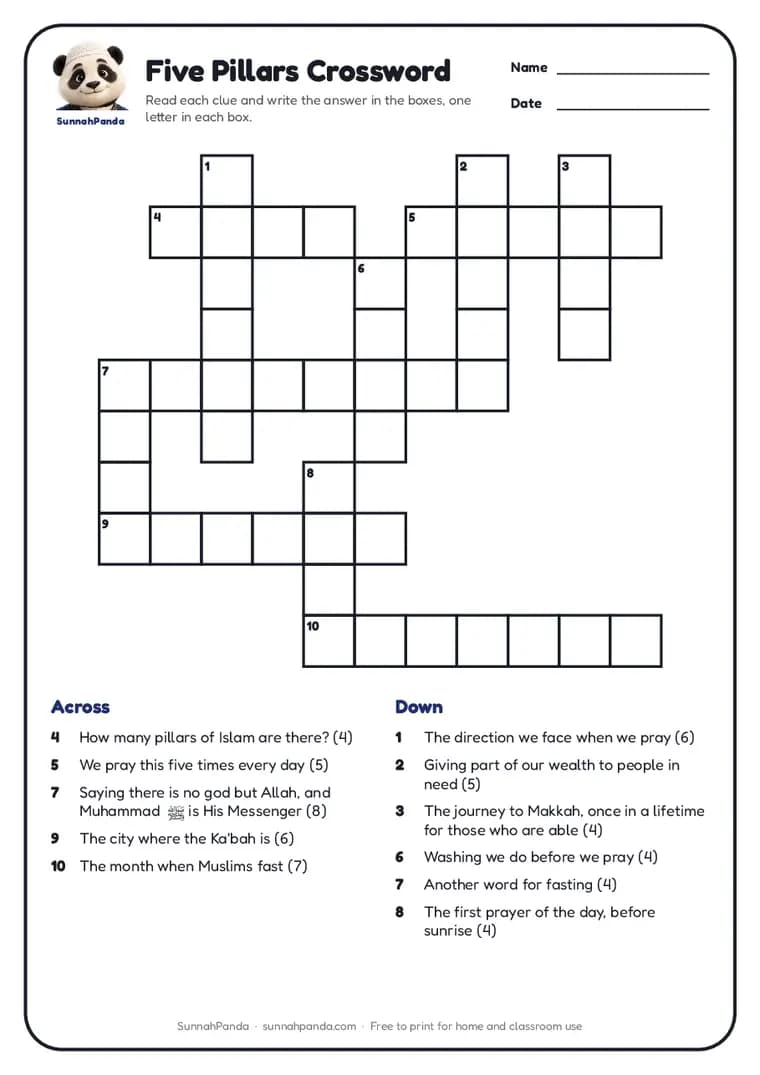 Page one of the Five Pillars Crossword worksheet