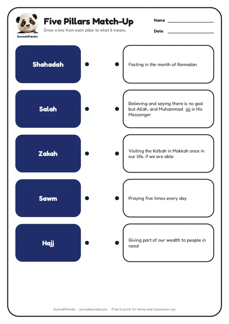 Page one of the Five Pillars Match-Up worksheet