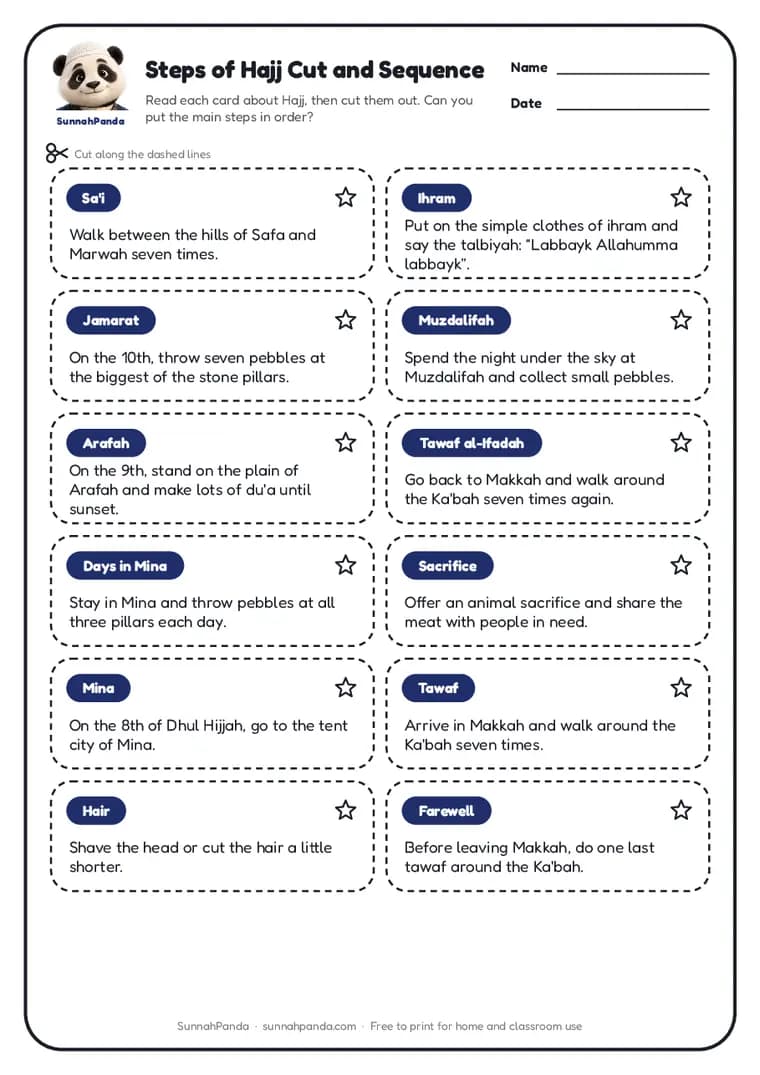 Page one of the Steps of Hajj Cut and Sequence worksheet