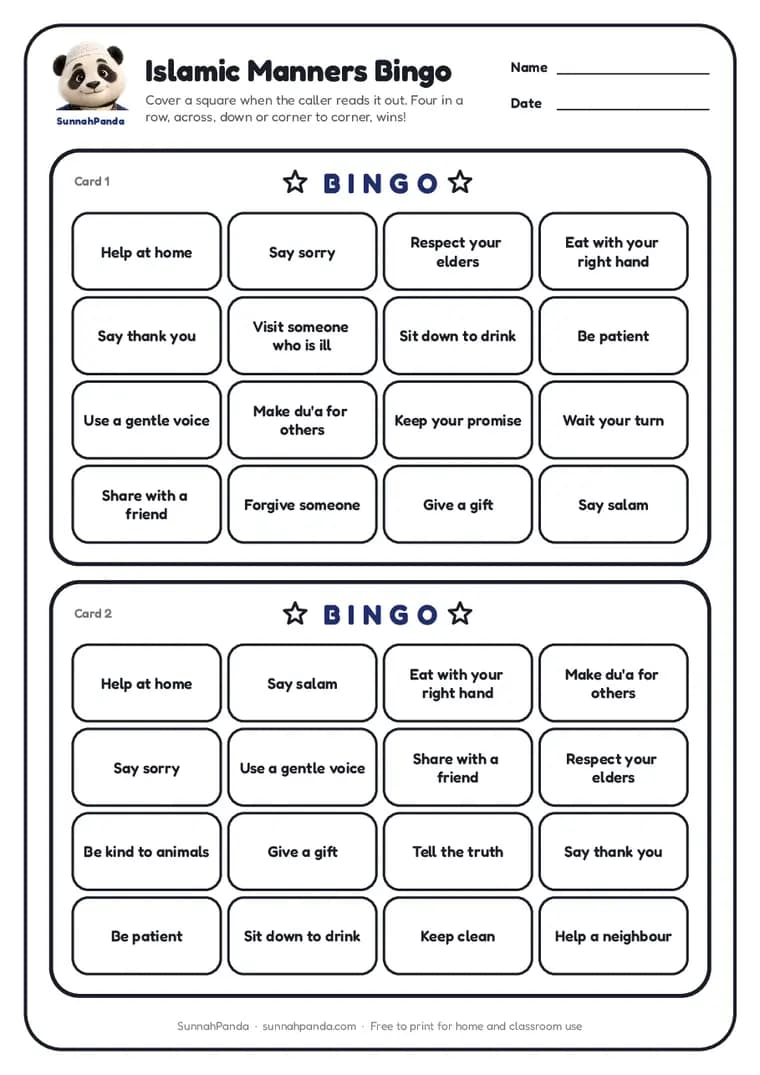 Page one of the Islamic Manners Bingo worksheet