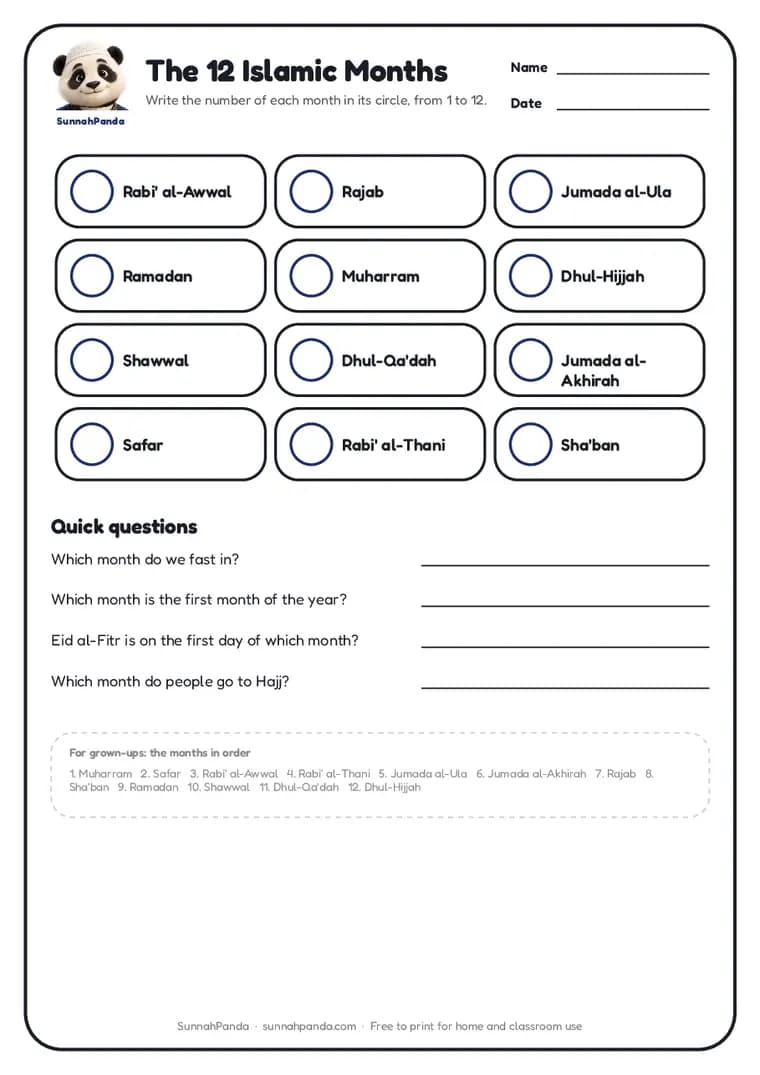 Page one of the The 12 Islamic Months worksheet