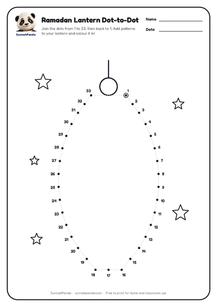 Page one of the Ramadan Lantern Dot-to-Dot worksheet