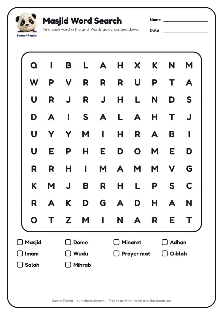 Page one of the Masjid Word Search worksheet
