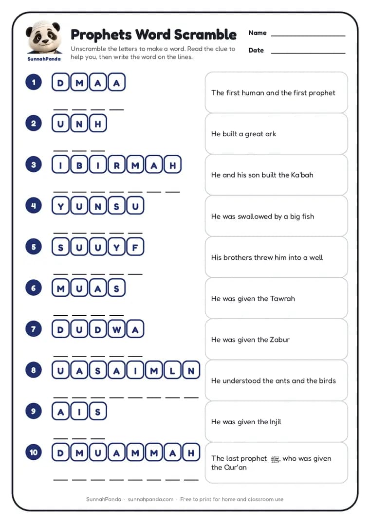 Page one of the Prophets Word Scramble worksheet
