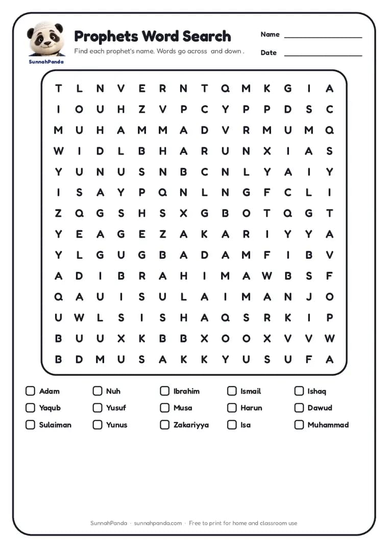 Page one of the Prophets Word Search worksheet