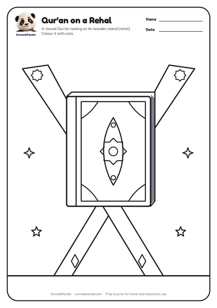 Page one of the Qur'an on a Rehal Colouring Page worksheet