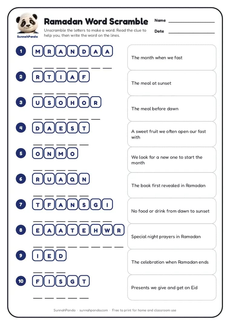 Page one of the Ramadan Word Scramble worksheet