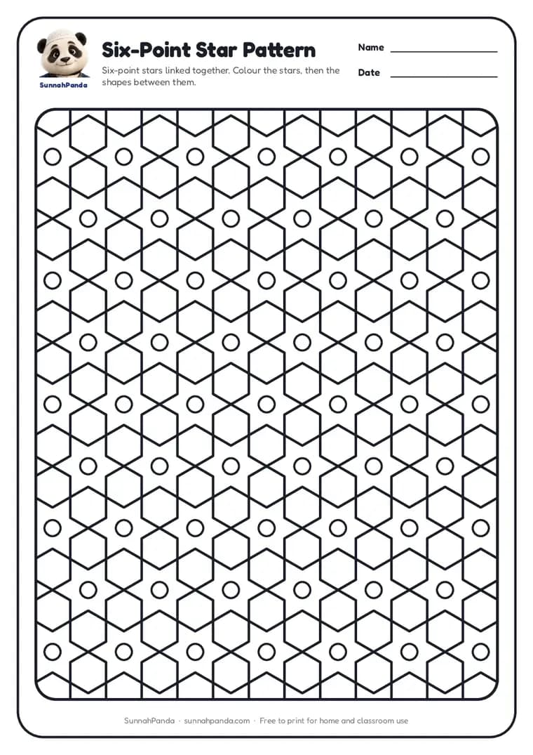 Page one of the Six-Point Star Pattern Colouring Page worksheet