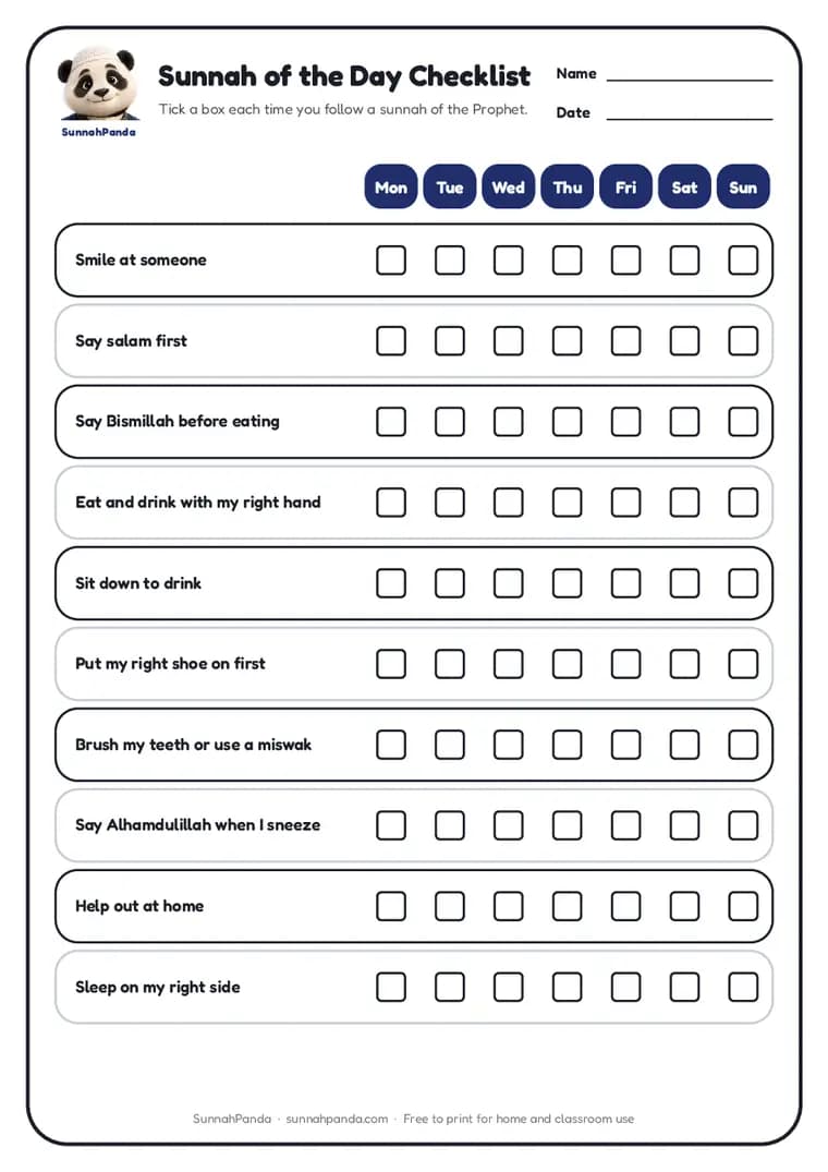 Page one of the Sunnah of the Day Checklist worksheet